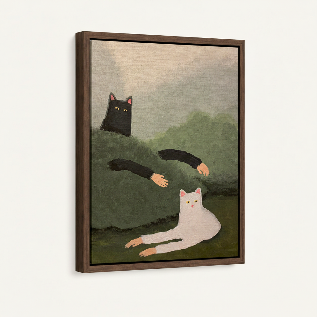 Framed canvas cat art in dark walnut float frame angled product view on white background showing frame depth and gap
