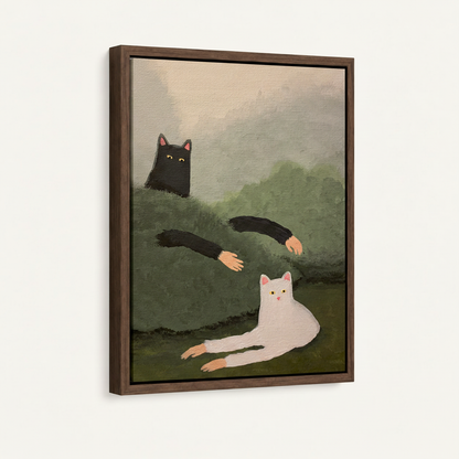 Framed canvas cat art in dark walnut float frame angled product view on white background showing frame depth and gap