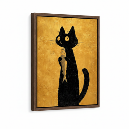 Close-up of framed black cat canvas showing rich golden impasto texture in dark walnut float frame on white background
