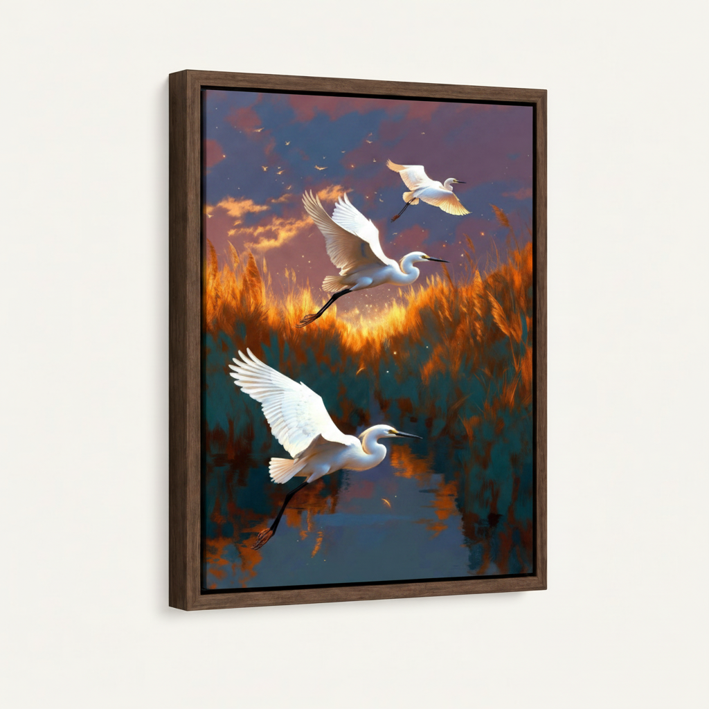 White egrets wetland dark walnut float frame canvas product shot on white background side angle