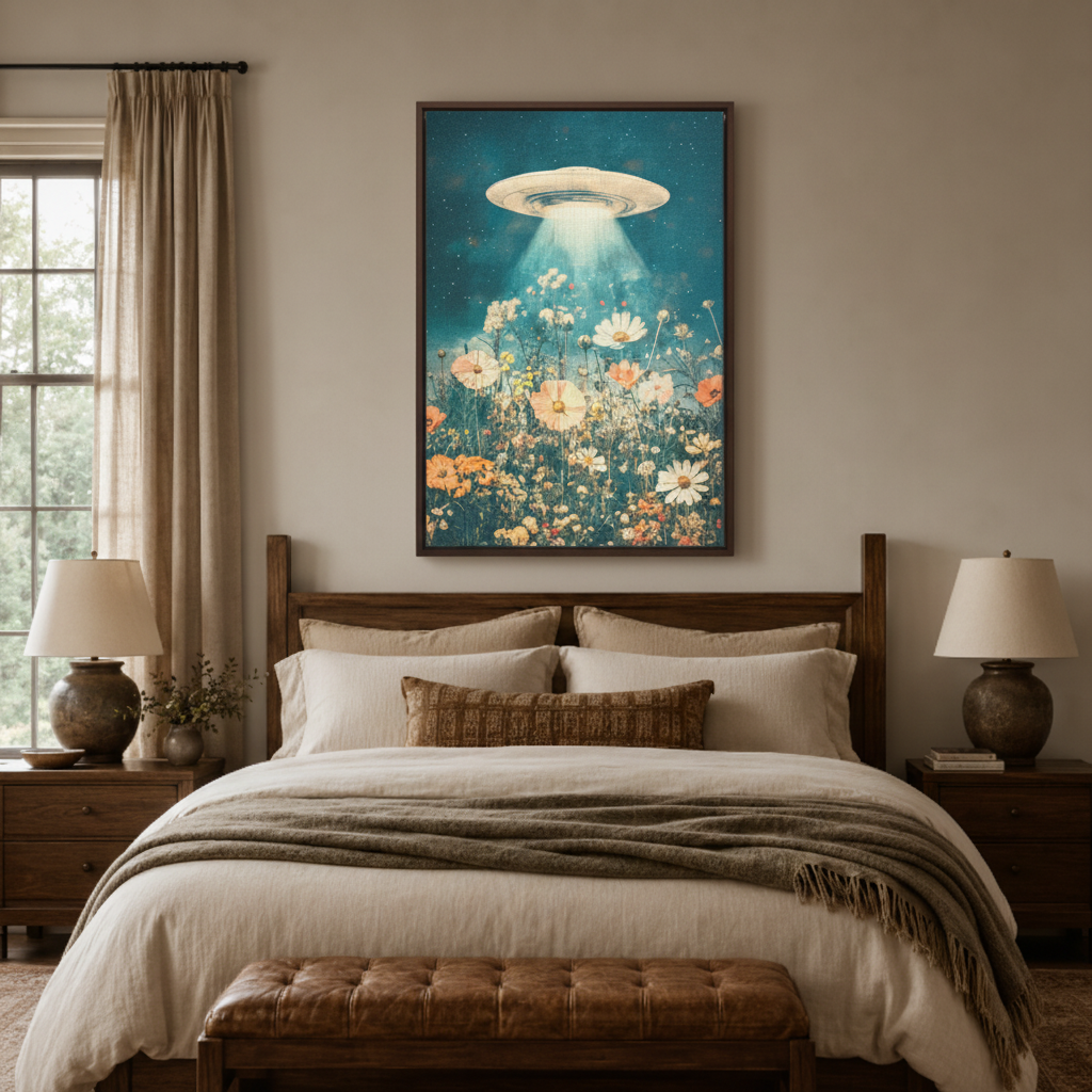 Retro UFO wildflower canvas wall art in bedroom – dreamy surreal floral sci-fi print above bed, boho eclectic decor by Aurewall