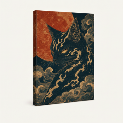  Gallery wrap canvas of mystical black cat and blood moon shown at angle on cream background