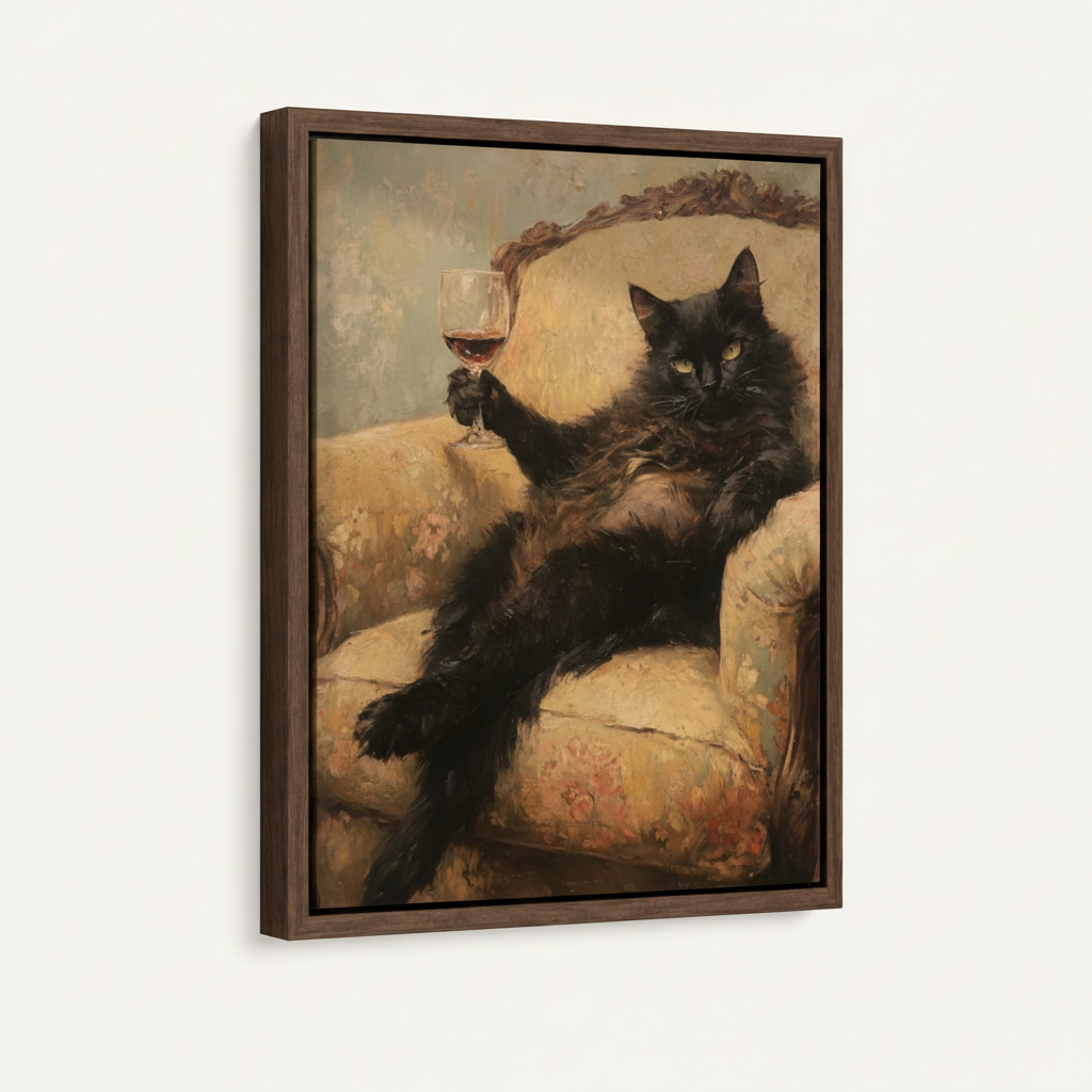 Framed black cat wine classical oil painting canvas in dark walnut float frame, angled product view on white background