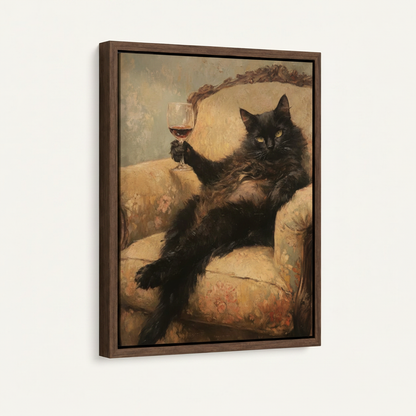 Framed black cat wine classical oil painting canvas in dark walnut float frame, angled product view on white background