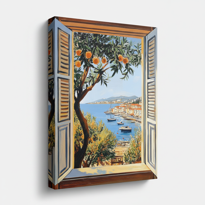 Coastal Mediterranean window stretched canvas print – unframed oil painting with olive branch and sunlit sea view for living room by Aurewall