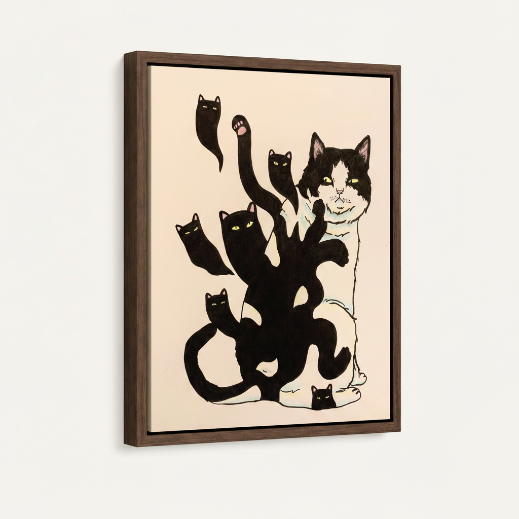 Tuxedo cat and black cats ink illustration in dark walnut floater frame, 3/4 angle on off-white background