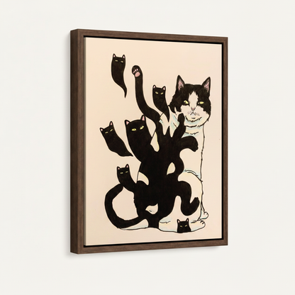 Tuxedo cat and black cats ink illustration in dark walnut floater frame, 3/4 angle on off-white background