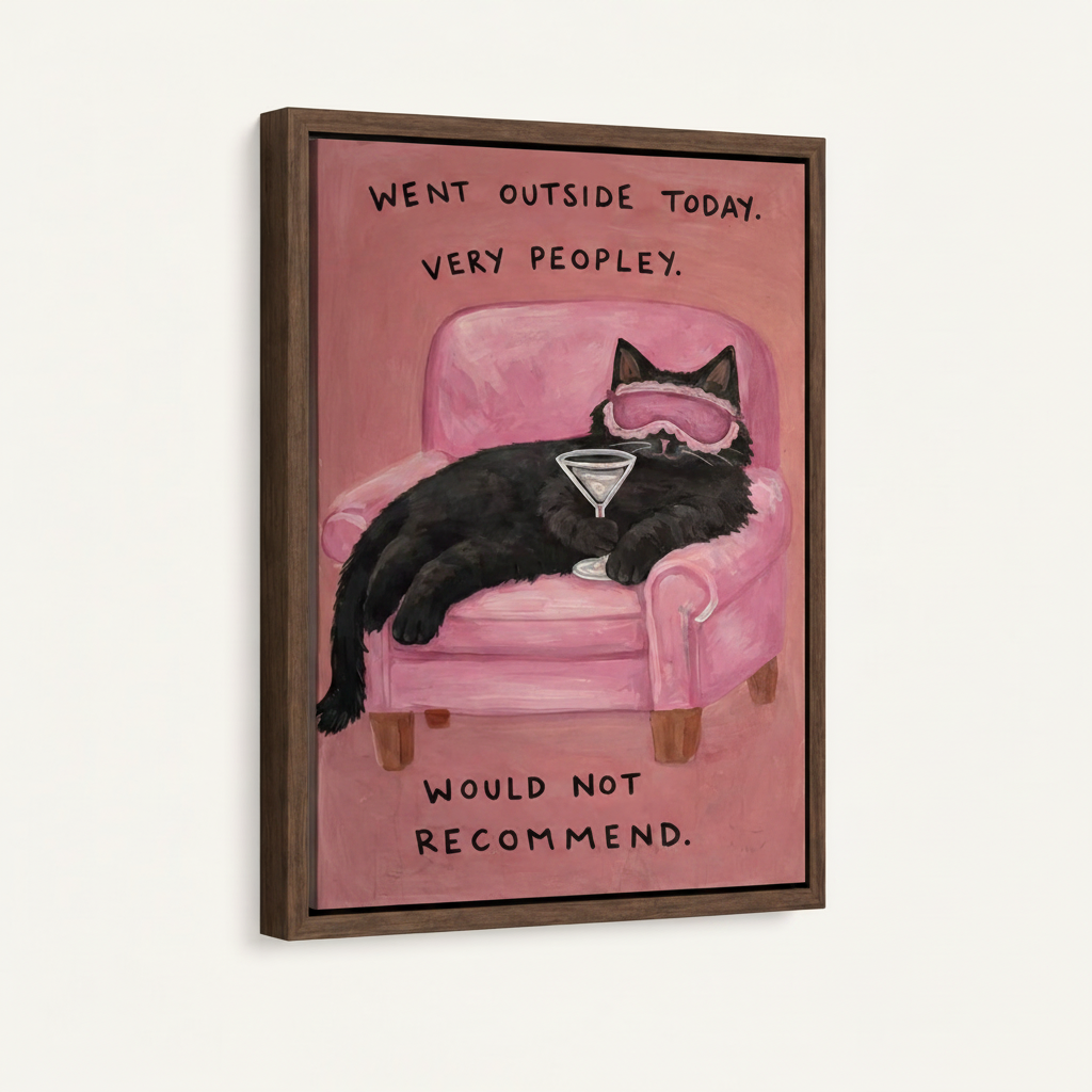 Black cat martini painting in dark walnut floating frame, angled product view on white background
