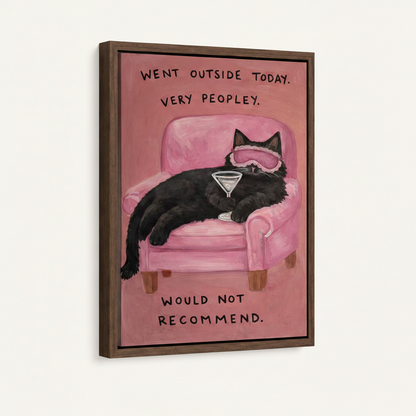 Black cat martini painting in dark walnut floating frame, angled product view on white background