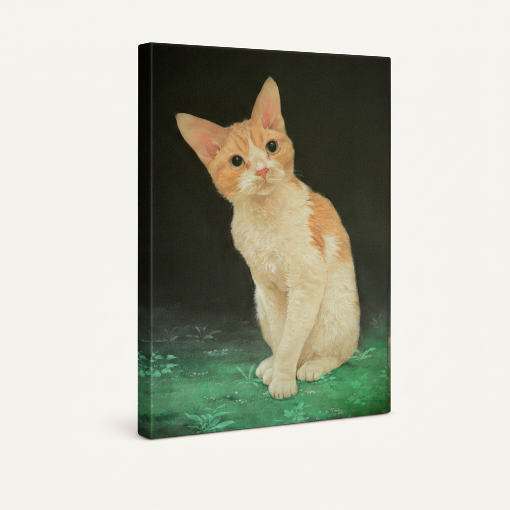 Gallery wrap canvas of realistic orange tabby kitten oil painting shown at angle on white background