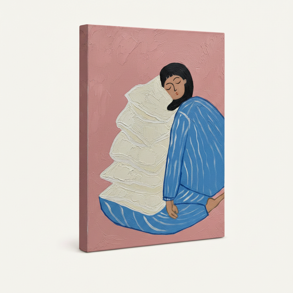 Gallery wrapped canvas of sleeping woman painting, dusty pink painted sides, angled product view on off-white background