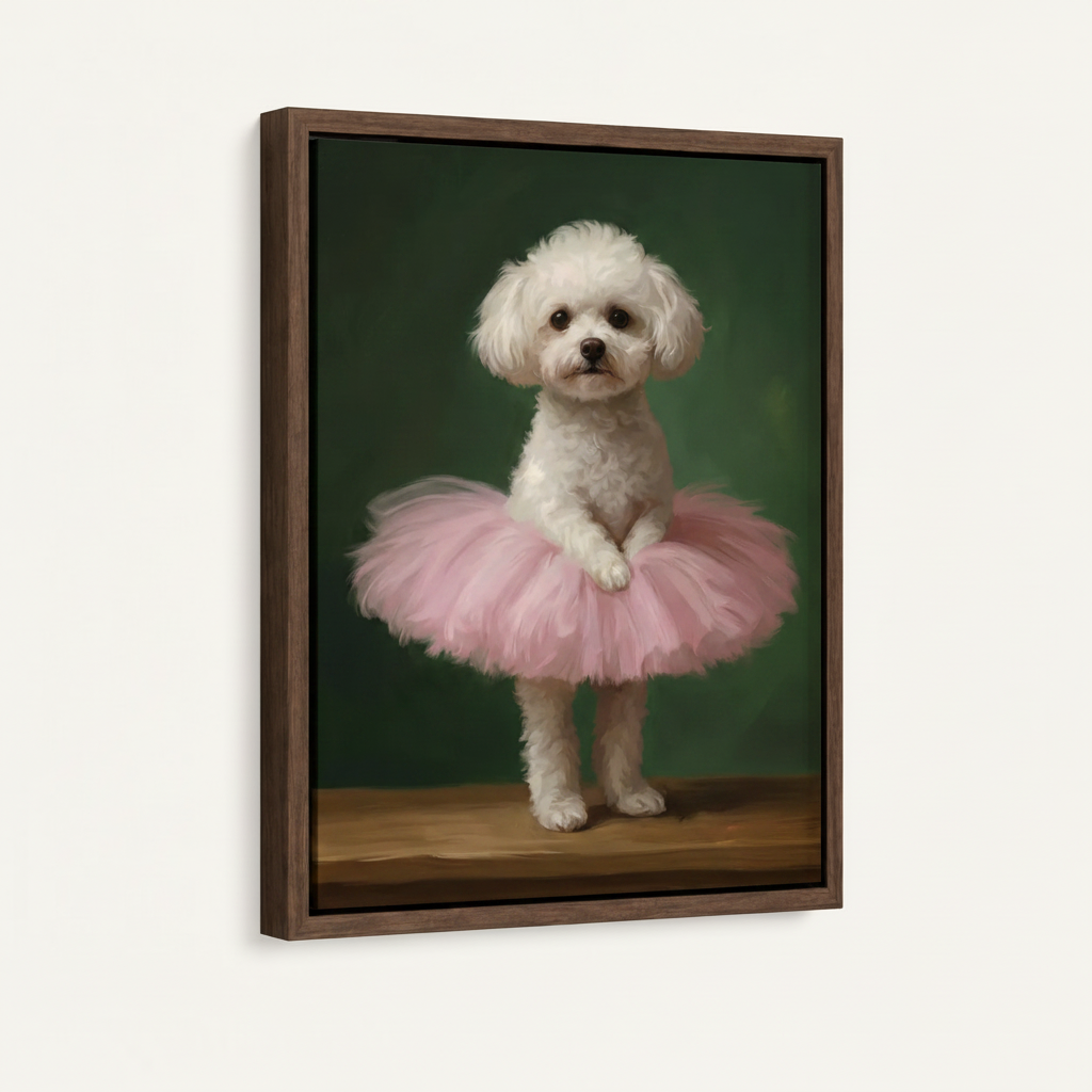 Framed Bichon Frise ballerina dog canvas art on white background, dark walnut frame