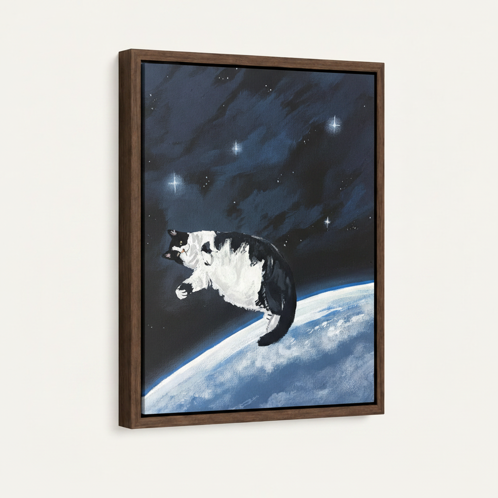 Dark walnut floater frame canvas with tuxedo cat floating in space above Earth, 3/4 angle on white background