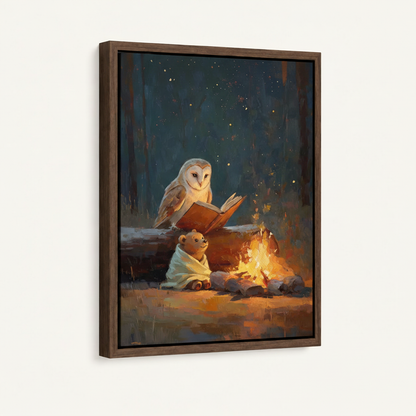 Framed owl and bear cub campfire wall art with dark walnut float frame, 3/4 angle product view
