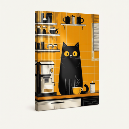Gallery wrap canvas of black cat kitchen Art Deco print shown at angle on clean white background