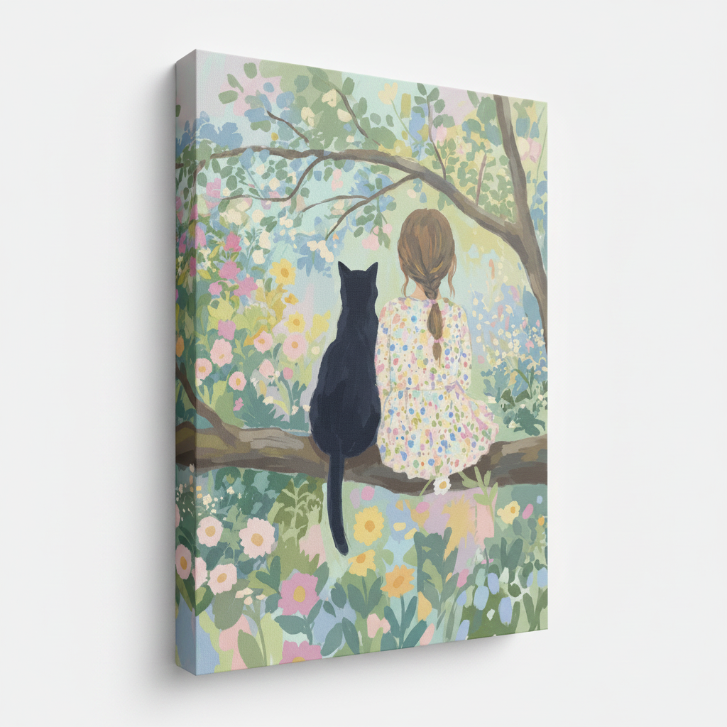 Whimsical girl and cat stretched canvas print – unframed dreamy floral illustration with black cat butterflies and blossoming garden by Aurewall
