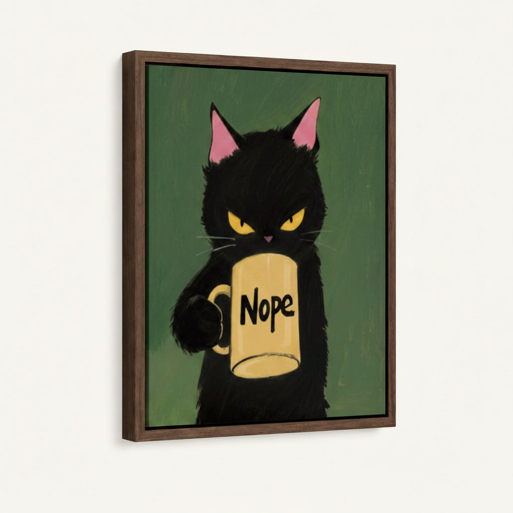 Grumpy cat holding Nope mug canvas in dark walnut float frame, angled product view on white background