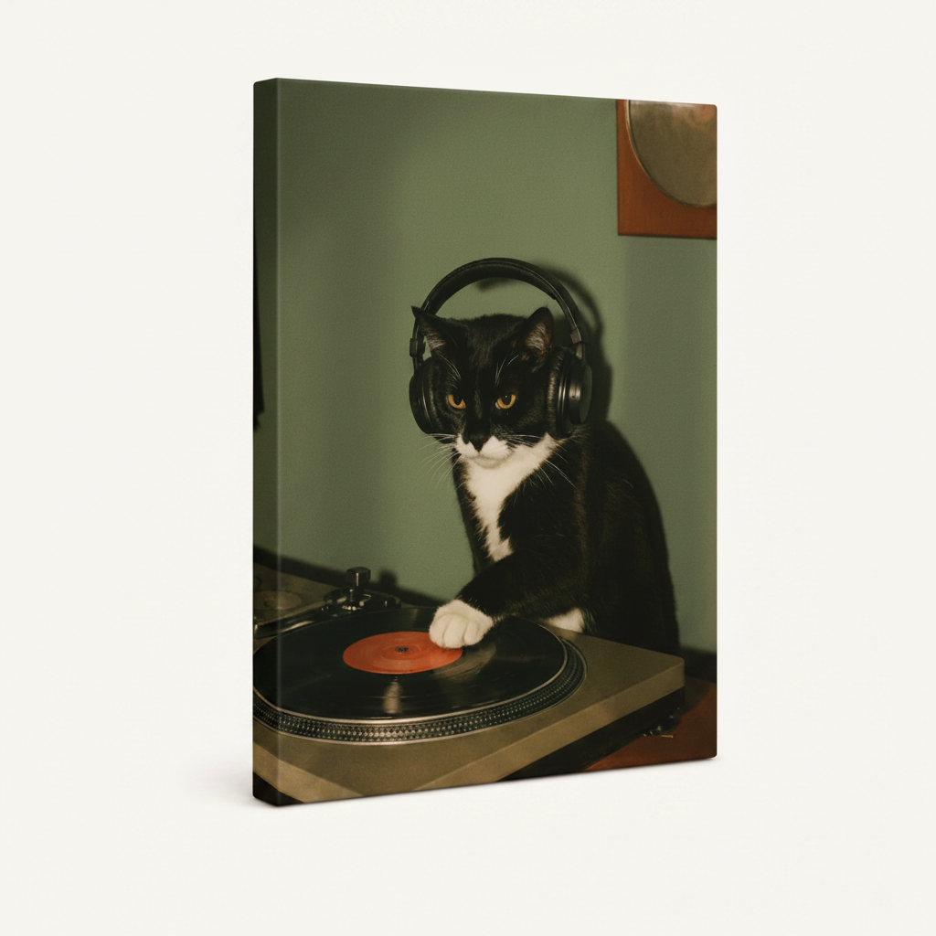 Gallery wrap canvas of tuxedo cat wearing headphones at vintage turntable, three-quarter side view
