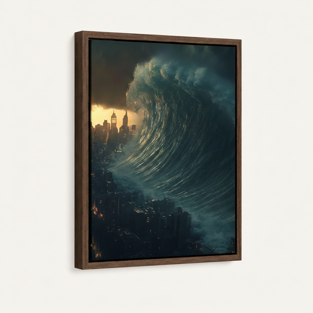 Framed canvas wall art with apocalyptic tsunami wave over dark city skyline, walnut frame, angled view