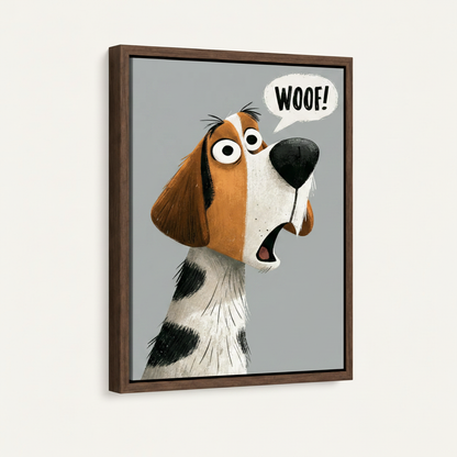 Funny dog canvas in dark walnut floater frame – 45-degree side view showing frame depth and detail