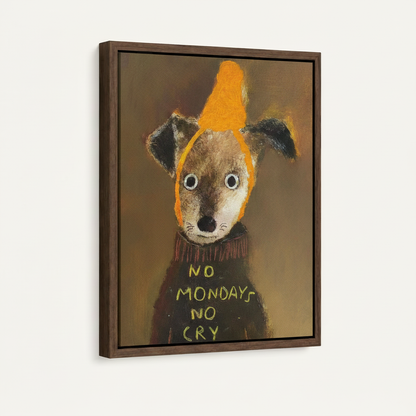Framed No Mondays No Cry dog folk art canvas print shown at an angle against a white background