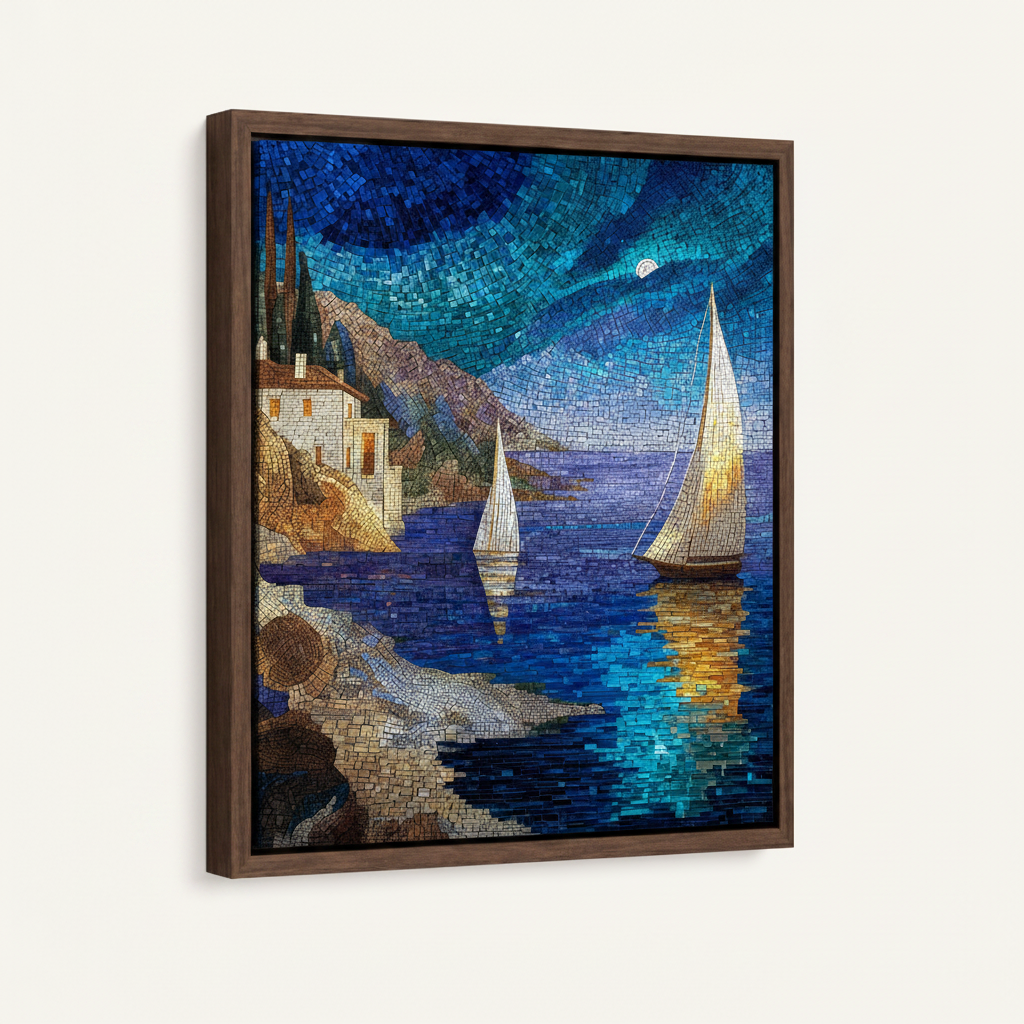 Mediterranean sailboat canvas wall art – navy blue impressionist ocean painting with sailing boats at night, living room decor by Aurewall