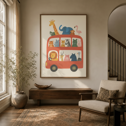 Safari animal bus nursery canvas art styled in cozy entryway with wood console and arched doorway