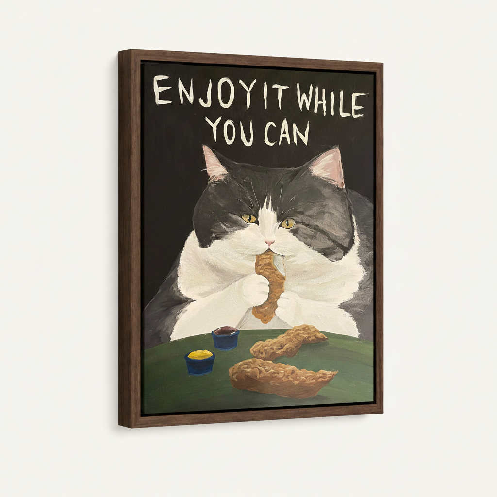Chubby cat holding drumstick canvas in dark walnut floater frame, 3/4 angle on off-white background