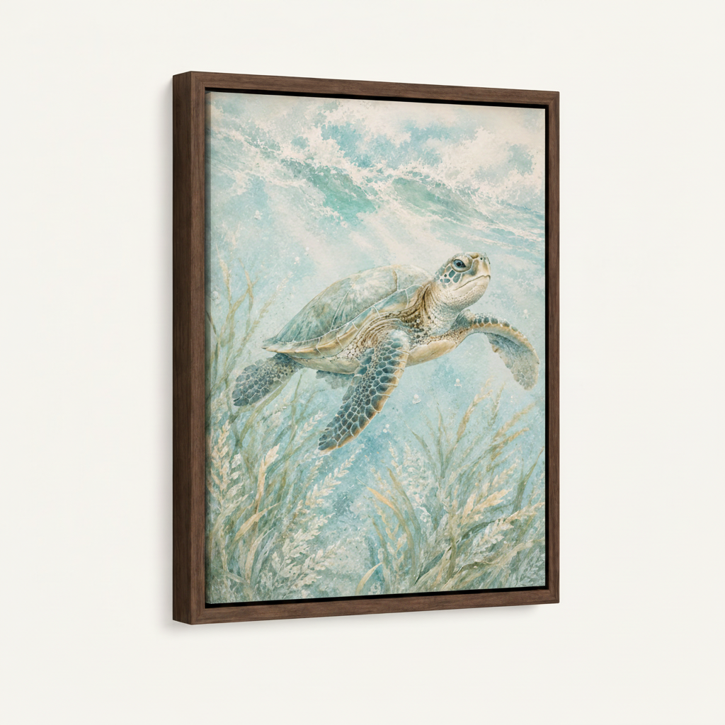 Framed sea turtle watercolor canvas wall art in dark walnut floating frame, angled product view on white background