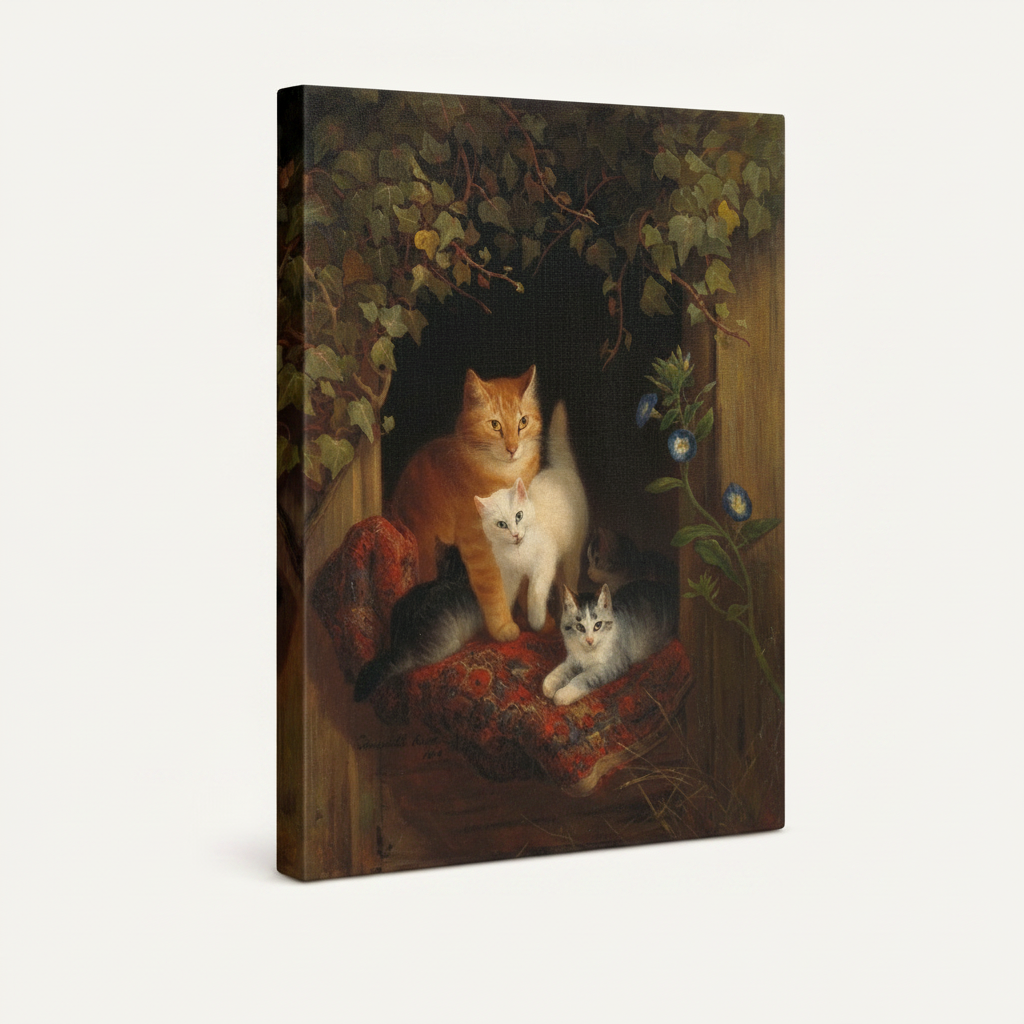 Stretched canvas close-up of vintage cat family painting – Victorian style nature art by Aurewall