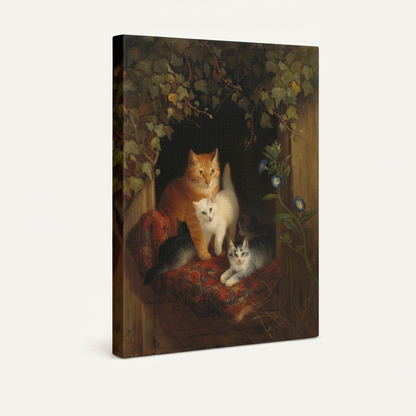Stretched canvas close-up of vintage cat family painting – Victorian style nature art by Aurewall
