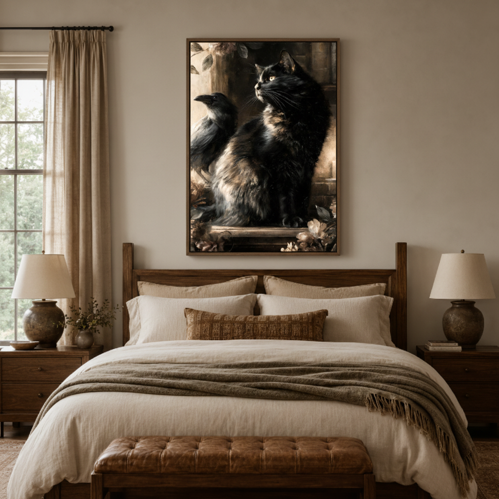 Gothic black cat and raven canvas print in bedroom – dark baroque oil painting with mysterious atmosphere above bed by Aurewall