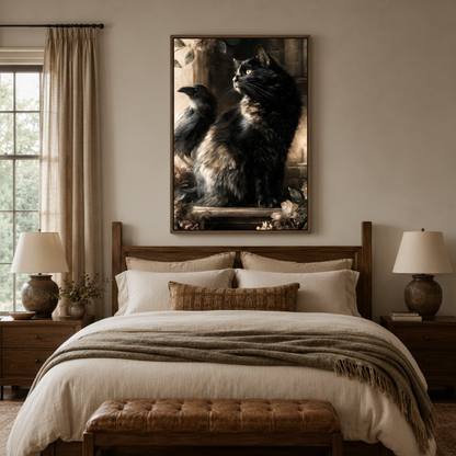 Gothic black cat and raven canvas print in bedroom – dark baroque oil painting with mysterious atmosphere above bed by Aurewall