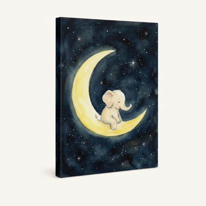 Elephant moon nursery canvas print unframed – soft watercolor kids room wall art with deep blue starry sky by Aurewall