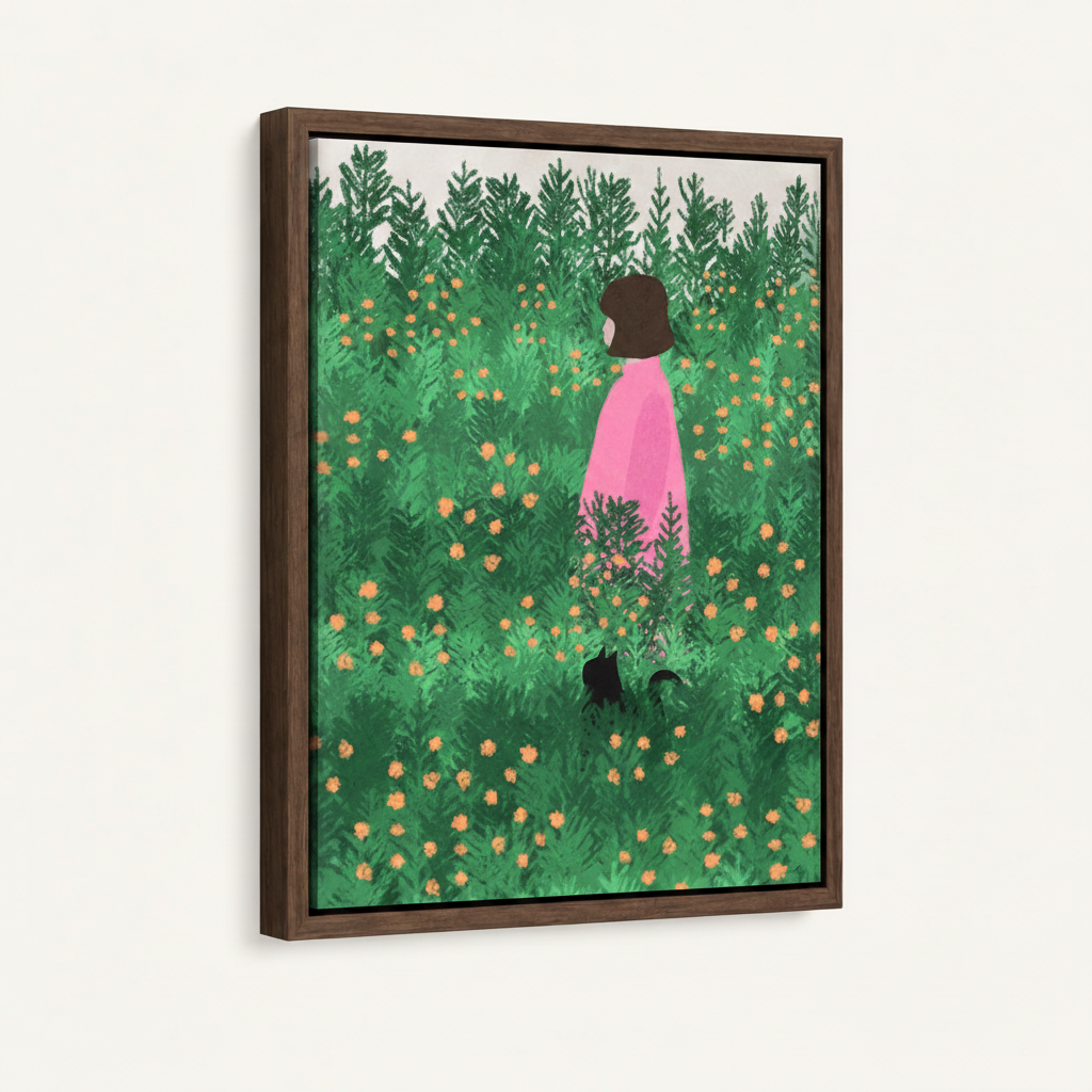 Float frame canvas wall art featuring a girl in pink among orange blooms, angled product view