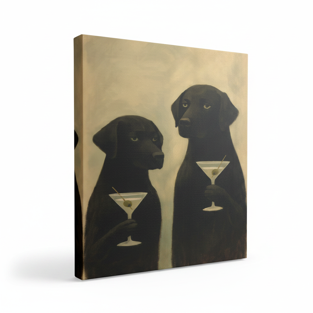 Framed cocktail dogs wall art – elegant funny dog canvas print perfect for man cave or bar cart