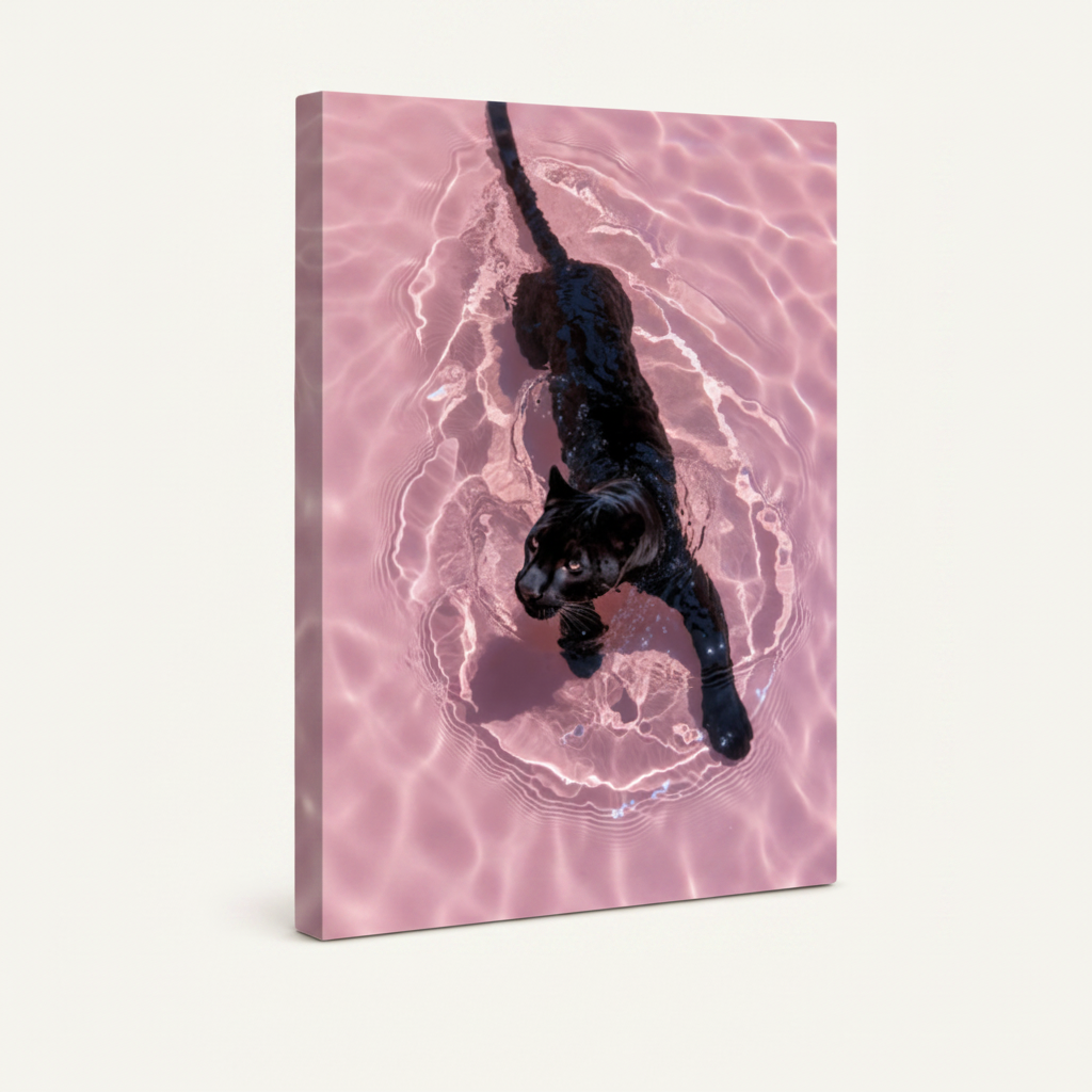 Stretched canvas print of black panther swimming in pink rippling water, 3/4 angle view