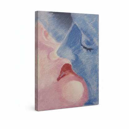  Gallery wrap canvas of abstract pink and blue couple painting, three-quarter side view on white background