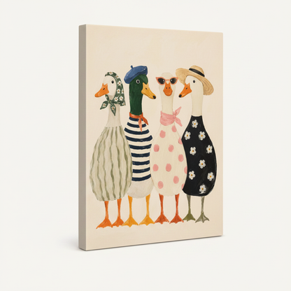 Stretched canvas print of four fashionable ducks in colorful outfits, cream background, side view