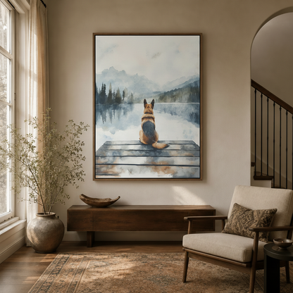Serene dog on dock watercolor canvas hanging in elegant entryway with natural light