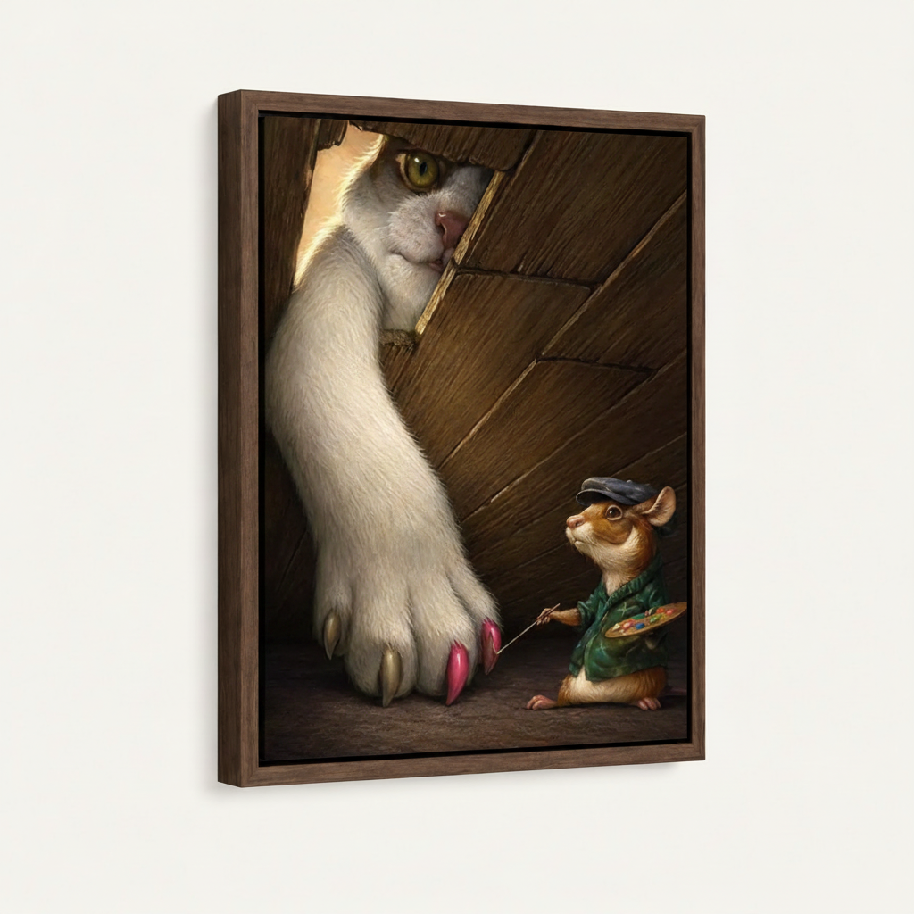 Framed canvas wall art featuring tiny mouse artist painting white cat paw, dark walnut frame, angled product view