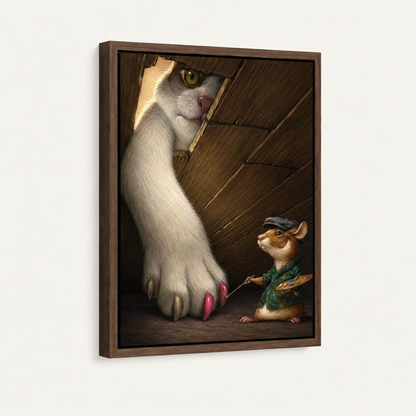 Framed canvas wall art featuring tiny mouse artist painting white cat paw, dark walnut frame, angled product view