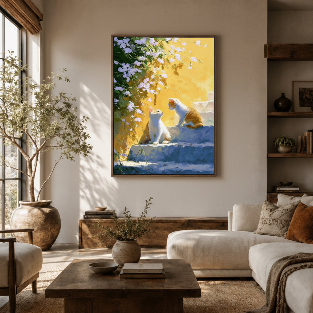 Rainbow cat sunlight canvas wall art in living room – colorful impressionist oil painting displayed above sofa by Aurewall
