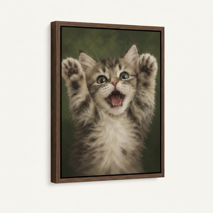 ：Framed funny cat canvas print with dark walnut float frame on white background
