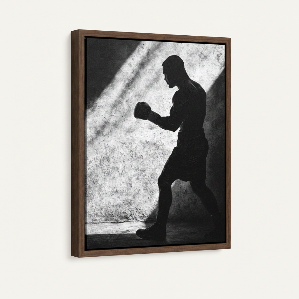 Dark walnut float frame canvas with black and white boxer silhouette, angled product view