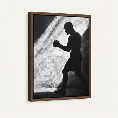 Dark walnut float frame canvas with black and white boxer silhouette, angled product view