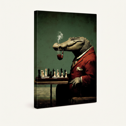 Humorous dapper crocodile chess stretched canvas print – unframed classical oil painting with red-suited crocodile and cigar at chess table by Aurewall