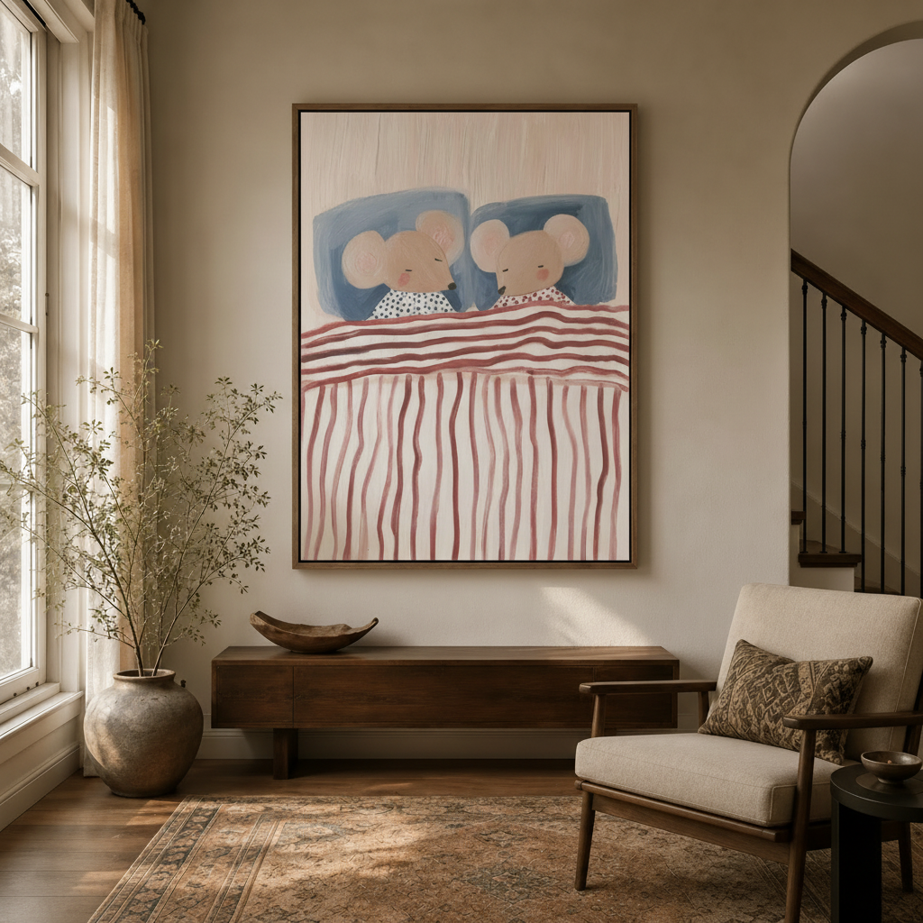 Whimsical sleeping mice illustration canvas hanging in bright neutral entryway hallway