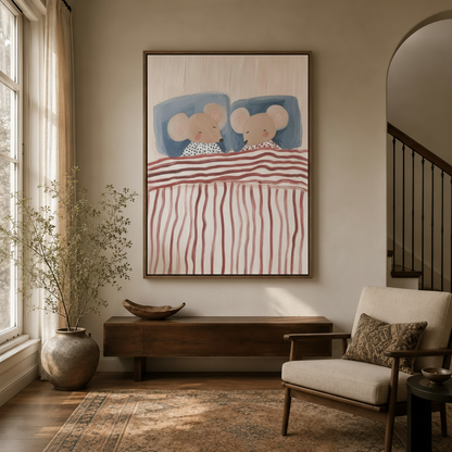 Whimsical sleeping mice illustration canvas hanging in bright neutral entryway hallway