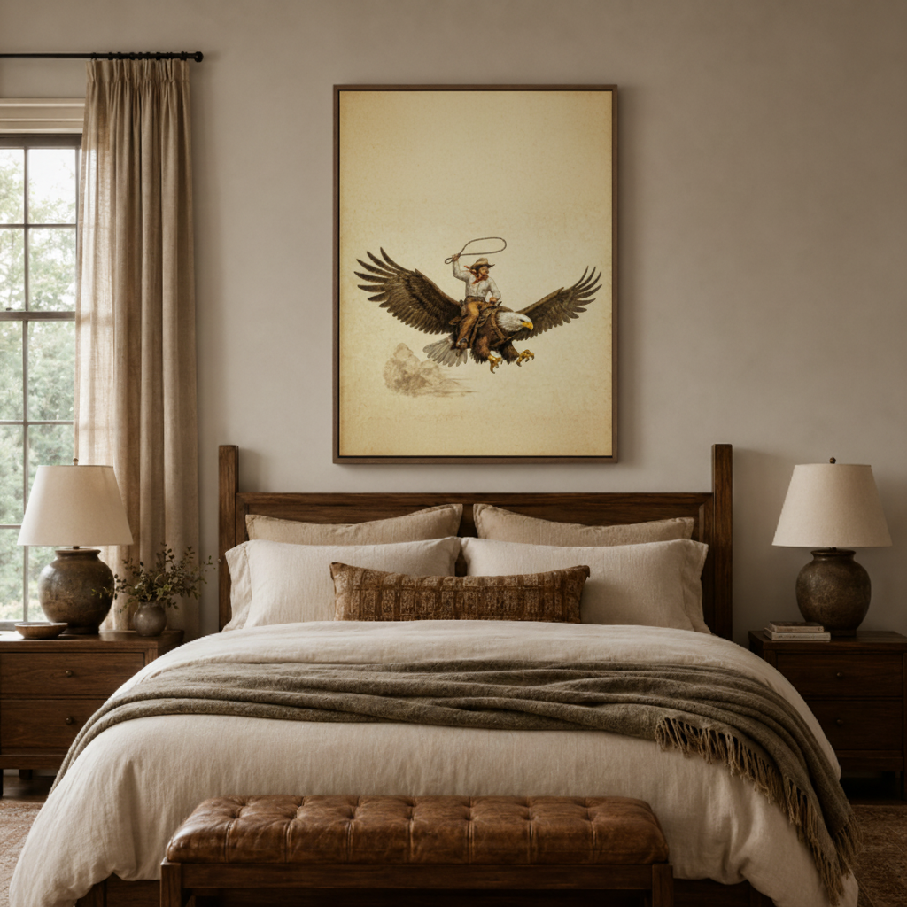 Vintage cowboy riding eagle canvas wall art bedroom detail – close-up of retro western sepia line art showing cowboy lasso and eagle wings by Aurewall